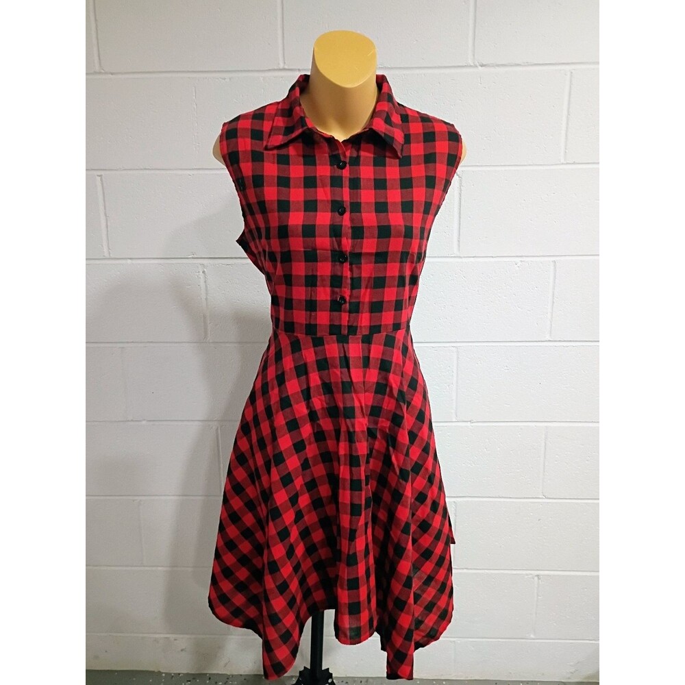 Women's Red Black Plaid Sleeveless Collared Button Front A-Line High-Low Dress